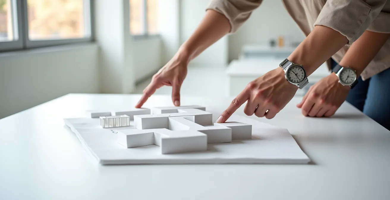 Réunion de validation entre client et contractant général autour d'une maquette de bâtiment