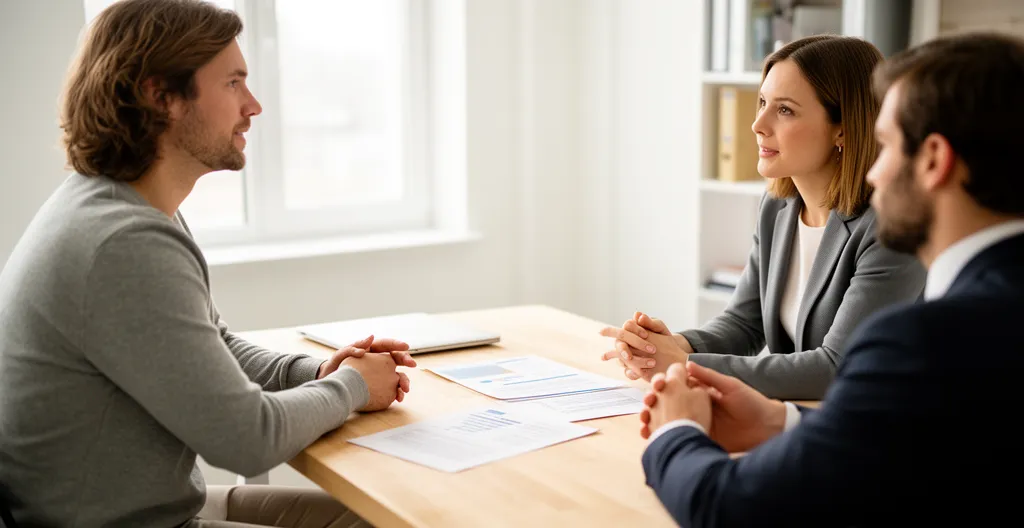 Couple consultant un rapport d'étude géotechnique avec un professionnel dans un bureau