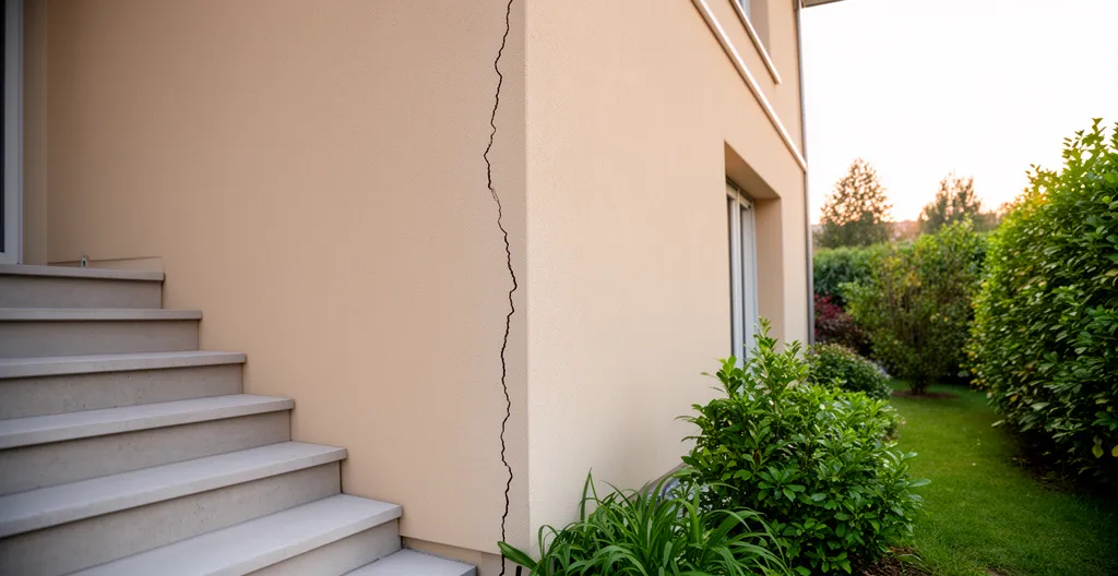 Fissure en escalier sur façade de maison individuelle liée au retrait-gonflement des argiles