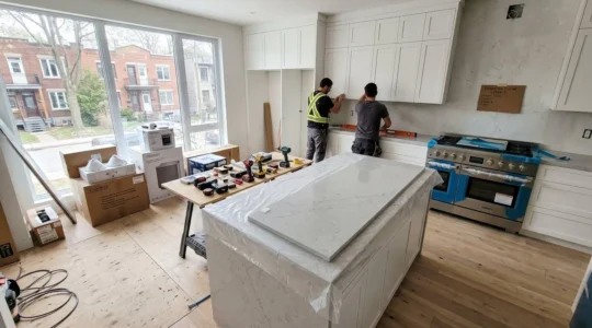 Chantier de rénovation haut de gamme en cours dans une cuisine montréalaise, avec comptoirs en quartz et armoires sur mesure en installation
