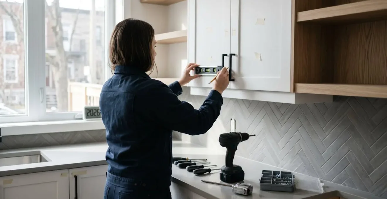 Entrepreneur qualifié installant avec précision la quincaillerie d'armoires sur mesure dans une cuisine en rénovation