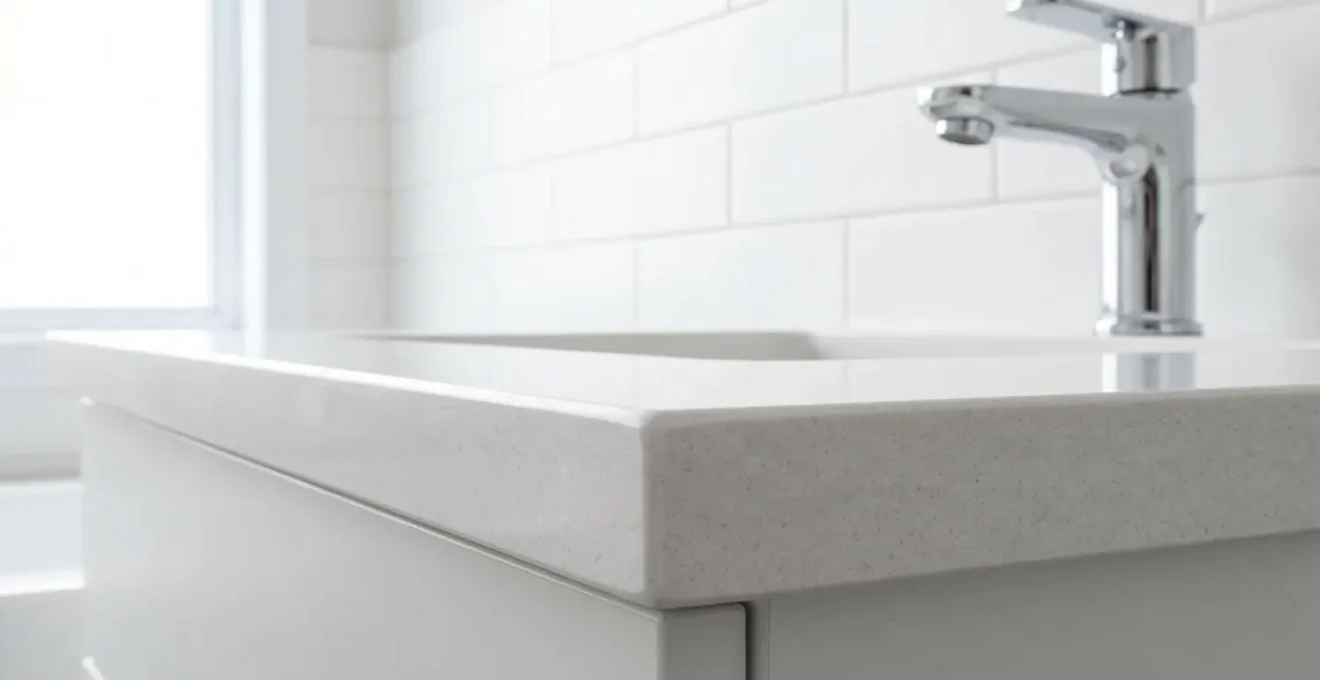 Gros plan sur un comptoir en quartz haut de gamme avec robinetterie chromée contemporaine dans une salle de bain moderne