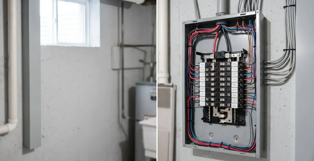 Panneau électrique moderne de 200 ampères récemment installé avec câblage professionnel organisé dans un sous-sol résidentiel