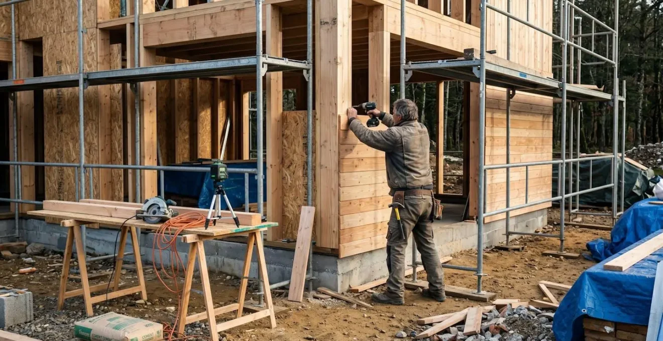 Chantier d'extension en ossature bois avec charpentier au travail, structure apparente et échafaudage