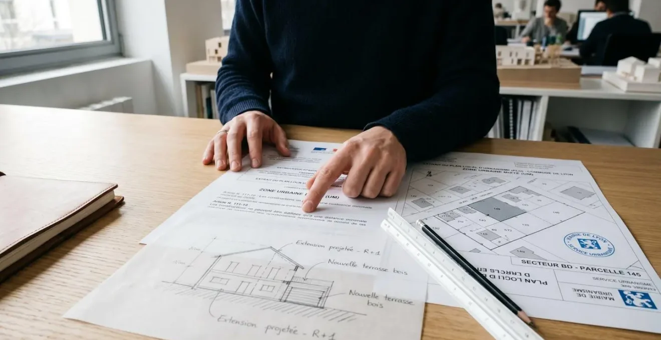 Documents de planification urbanisme (PLU, plans cadastraux) étalés sur table de travail avec mains consultant les règlements