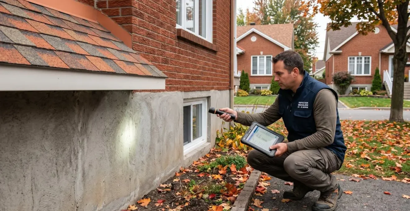 Inspecteur en bâtiment examinant les fondations en béton d'une maison unifamiliale québécoise typique avec tablette numérique lors d'une inspection préachat à Laval en automne