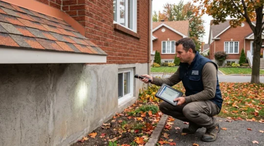Inspecteur en bâtiment examinant les fondations en béton d'une maison unifamiliale québécoise typique avec tablette numérique lors d'une inspection préachat à Laval en automne