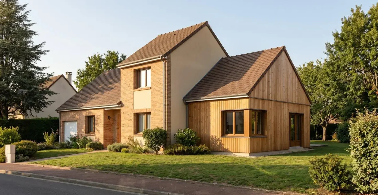 Maison individuelle française avec extension latérale harmonieuse en bois naturel, toiture à pente cohérente et jardin soigné