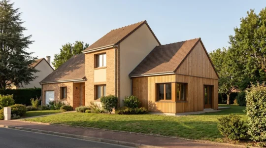 Maison individuelle française avec extension latérale harmonieuse en bois naturel, toiture à pente cohérente et jardin soigné