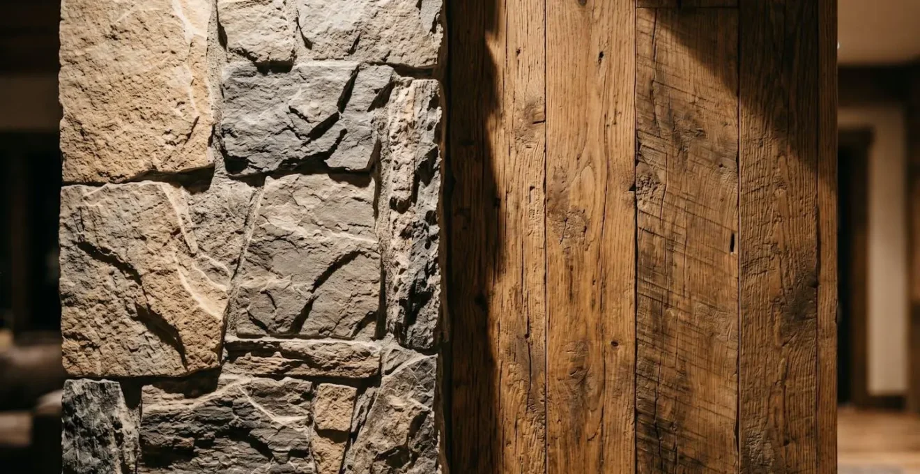 Mur intérieur combinant bois brut et pierre naturelle avec textures mises en valeur
