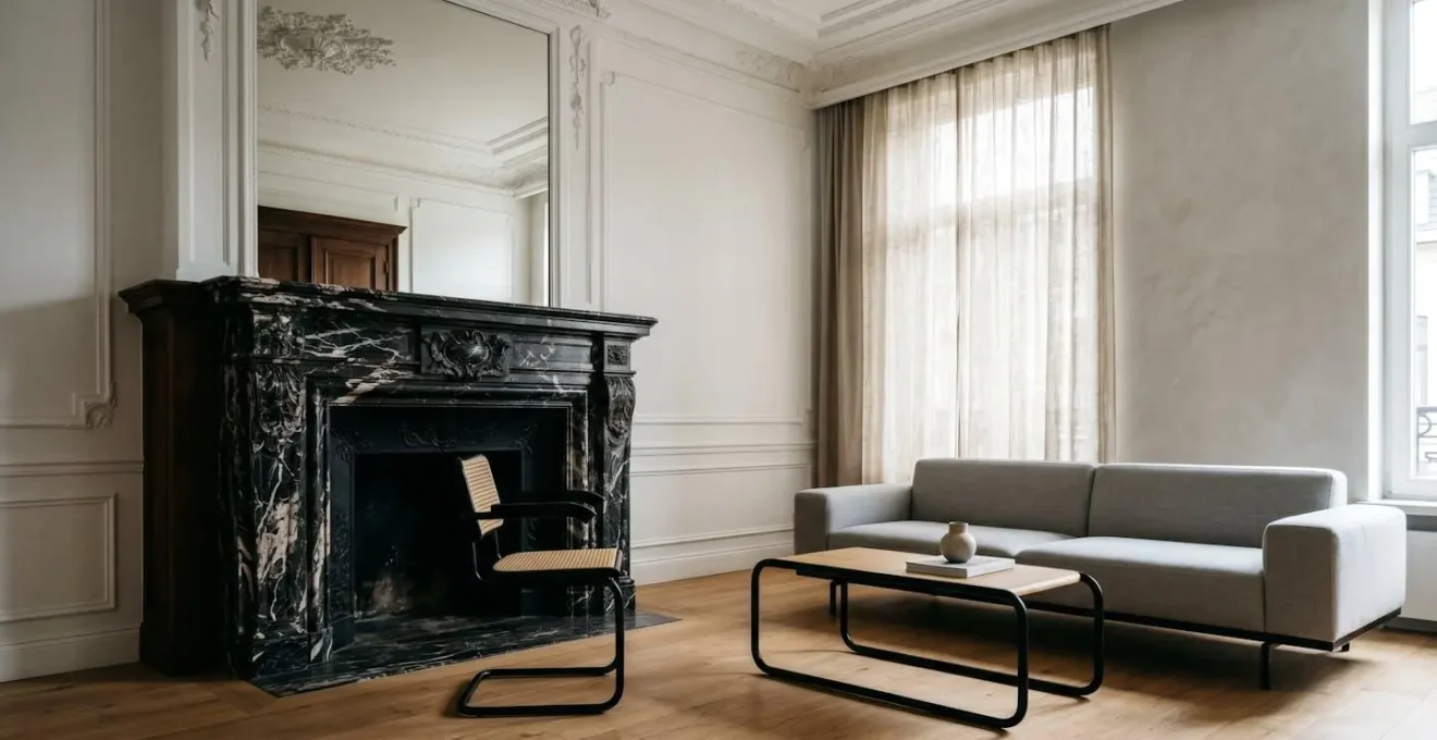 Pièce intérieure montrant harmonie entre éléments architecturaux anciens et mobilier contemporain
