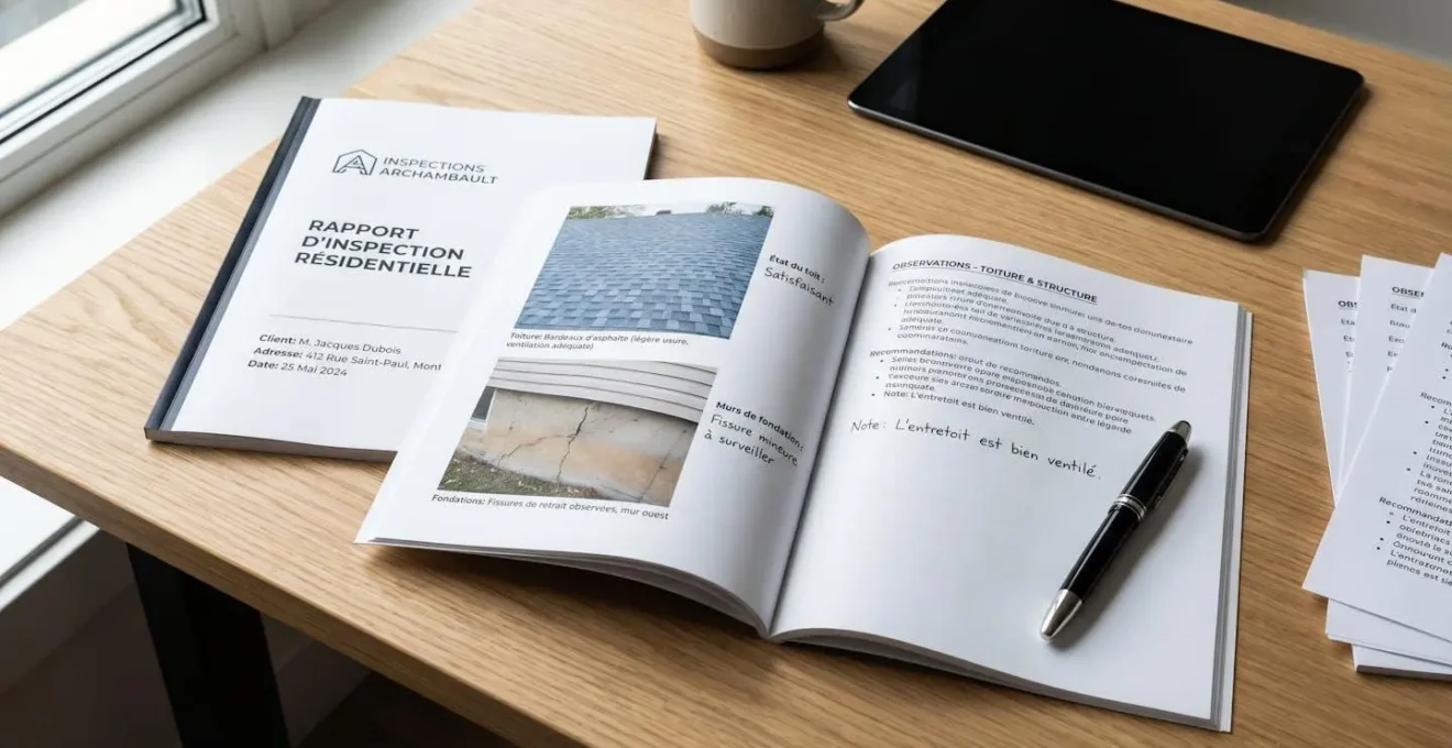 Rapport d'inspection résidentielle professionnel ouvert montrant photos d'éléments inspectés avec annotations détaillées en français