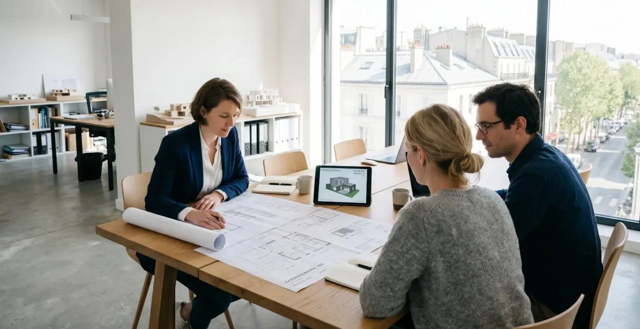 Réunion de validation de plans d'extension entre architecte et clients dans bureau contemporain lumineux