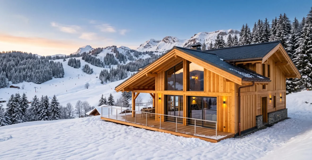 Chalet neuf en bois contemporain aux Gets avec grandes baies vitrées, terrasse sud et vue dégagée sur pistes enneigées et massif montagneux sous lumière dorée hivernale