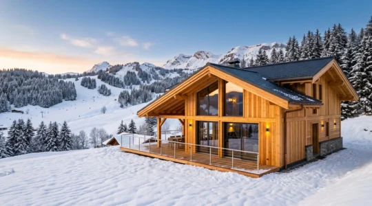 Chalet neuf en bois contemporain aux Gets avec grandes baies vitrées, terrasse sud et vue dégagée sur pistes enneigées et massif montagneux sous lumière dorée hivernale