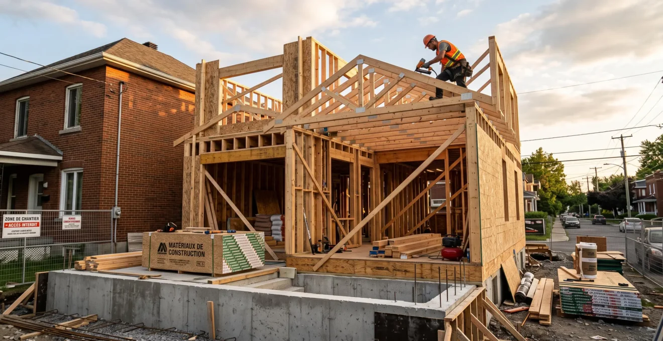 Chantier d'agrandissement maison résidentielle Trois-Rivières : ouvrier montant charpente bois extension, fondations béton au premier plan, maison brique existante arrière-plan