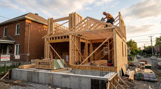 Chantier d'agrandissement maison résidentielle Trois-Rivières : ouvrier montant charpente bois extension, fondations béton au premier plan, maison brique existante arrière-plan