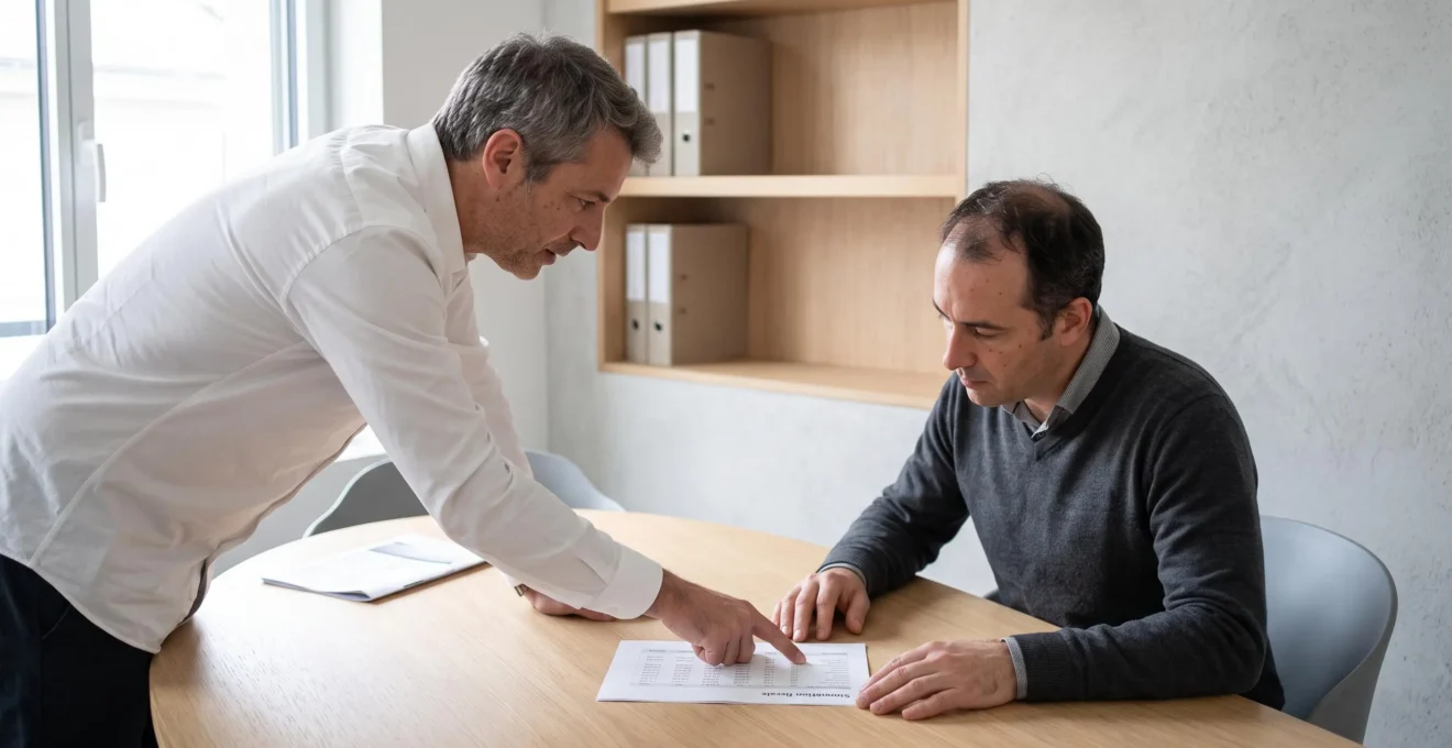 Conseiller en gestion de patrimoine debout pointant du doigt un tableau de simulation fiscale sur document posé à plat, expliquant à un client assis les arbitrages financiers entre résidence secondaire et investissement locatif