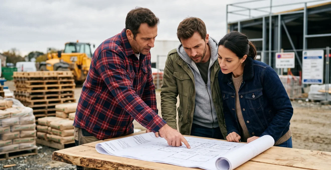 Entrepreneur construction et couple propriétaires examinant ensemble plans architecturaux agrandissement sur table, contexte chantier