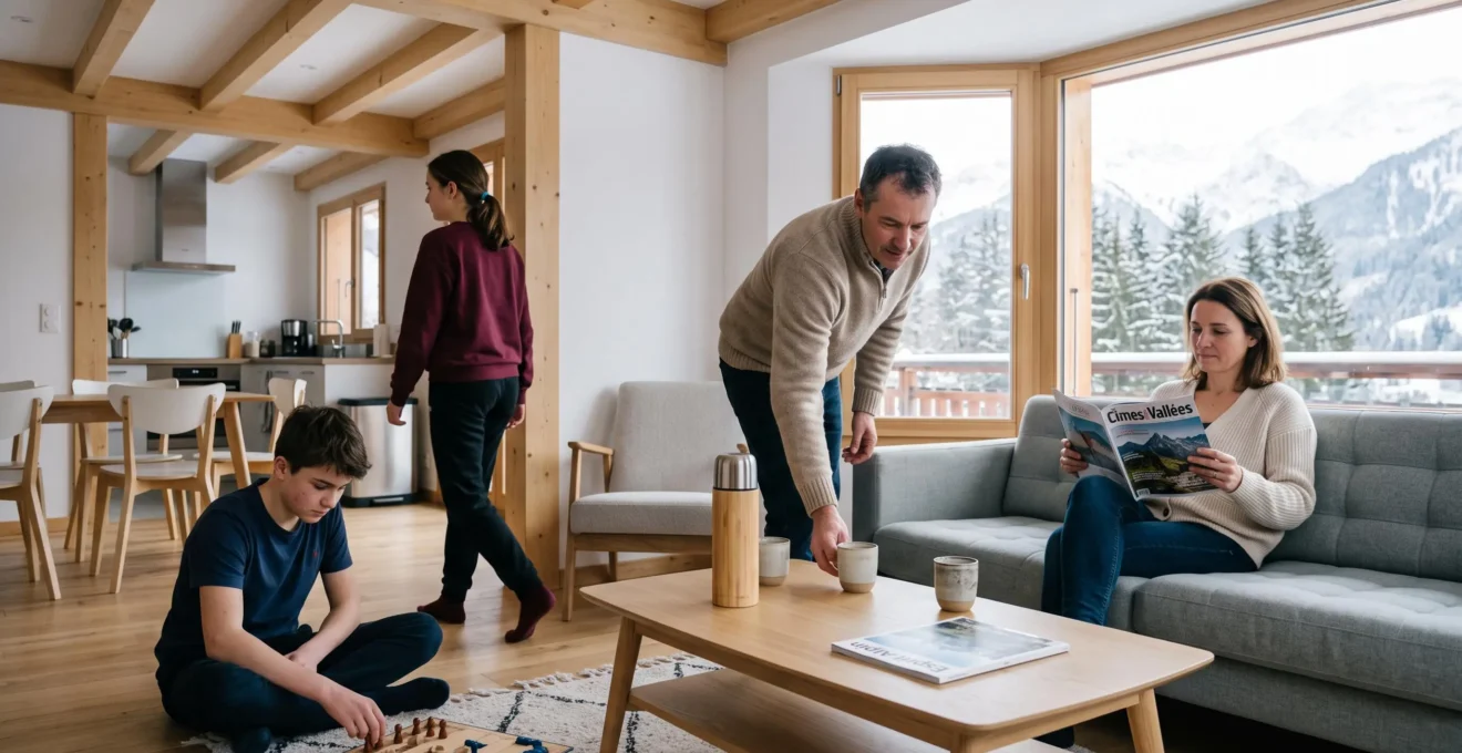 Famille multigénérationnelle réunie dans le salon contemporain d'un chalet aux Gets, profitant d'un moment de détente avec vue montagne enneigée par grande baie vitrée