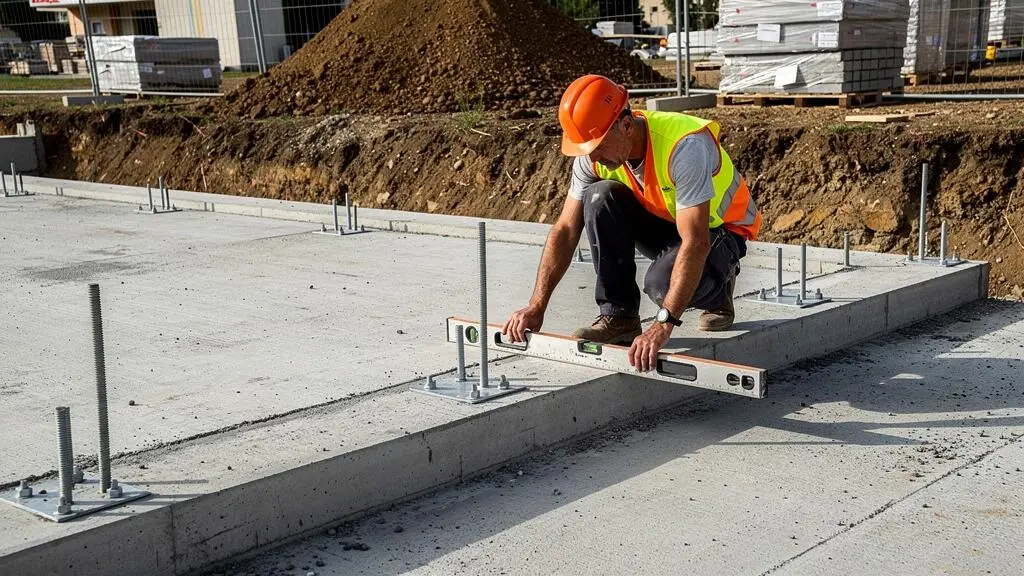 Construction worker inspecting the concrete foundation slab prepared for timber frame construction.