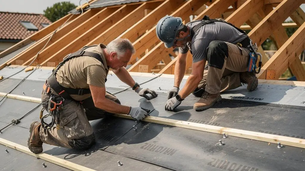 Roofer installing weatherproofing material on the timber frame roof structure of a house under construction.