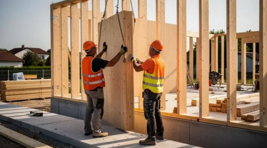 Construction workers installing a prefabricated wooden wall panel on a timber frame building site in France.