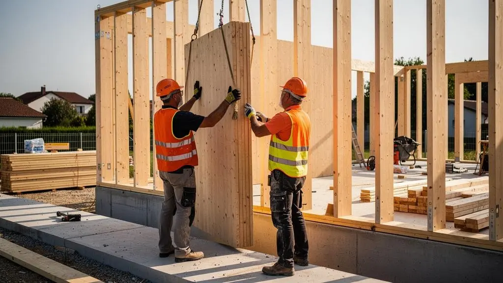 Construction workers installing a prefabricated wooden wall panel on a timber frame building site in France.