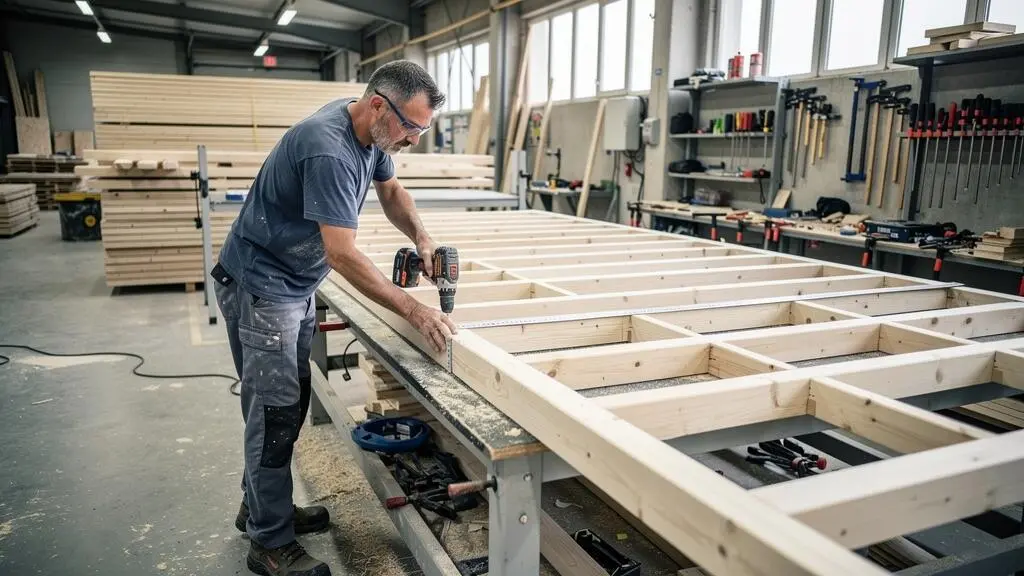 Carpenter assembling a prefabricated timber frame panel in an industrial workshop.