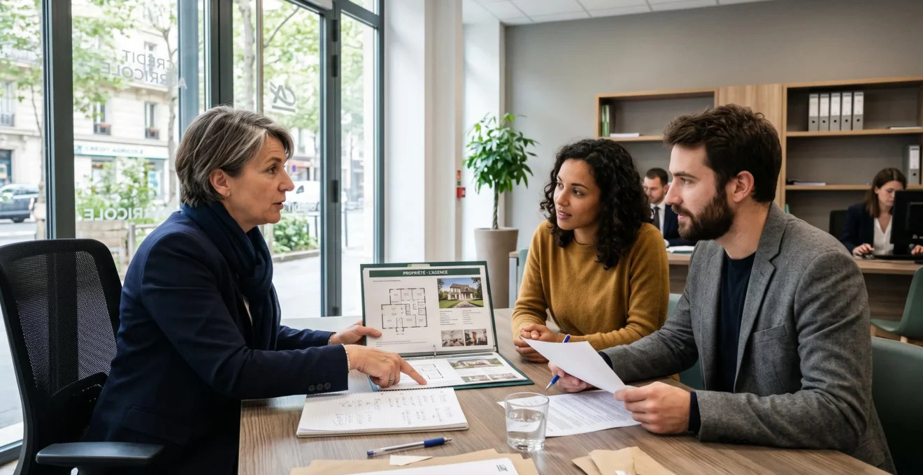Un conseiller explique un plan de financement à un jeune couple en agence.