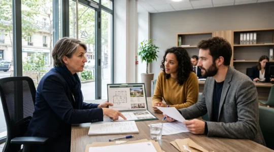 Un conseiller explique un plan de financement à un jeune couple en agence.