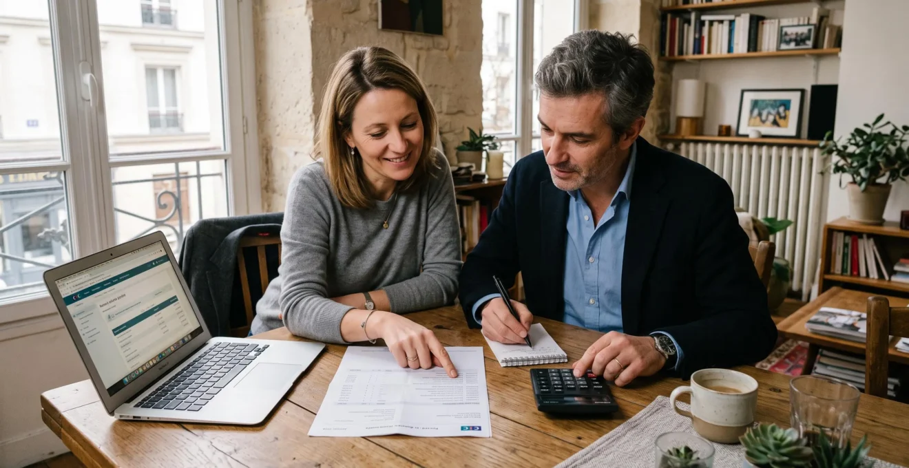 Un couple examine un relevé d'épargne avec une calculatrice sur une table.