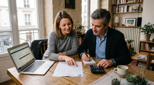 Un couple examine un relevé d'épargne avec une calculatrice sur une table.