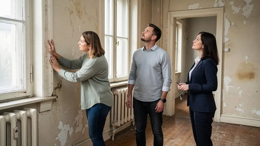 Un couple visite un appartement à vendre et inspecte un mur avec l'agent.