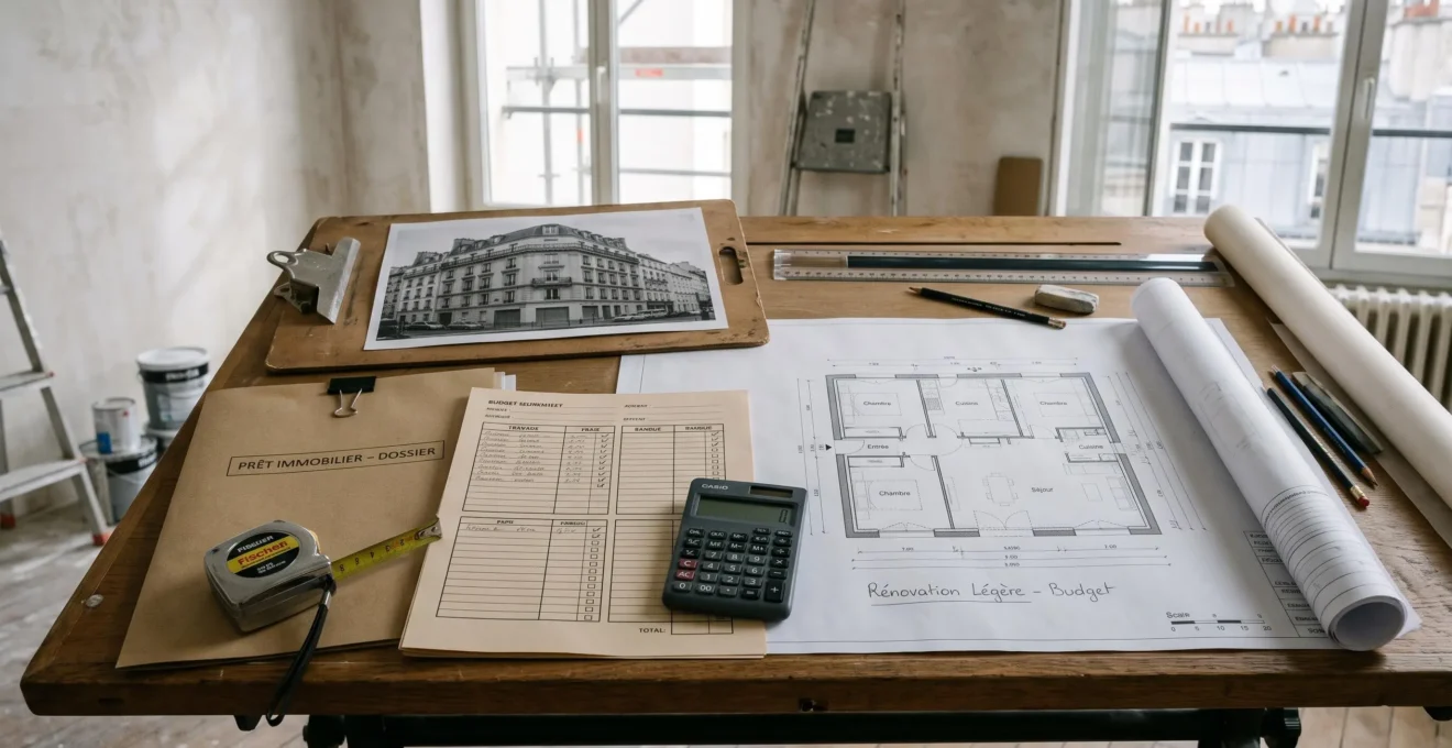 Table de travail présentant un plan de logement et un dossier de financement locatif.