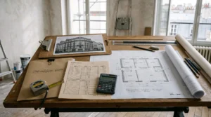 Table de travail présentant un plan de logement et un dossier de financement locatif.