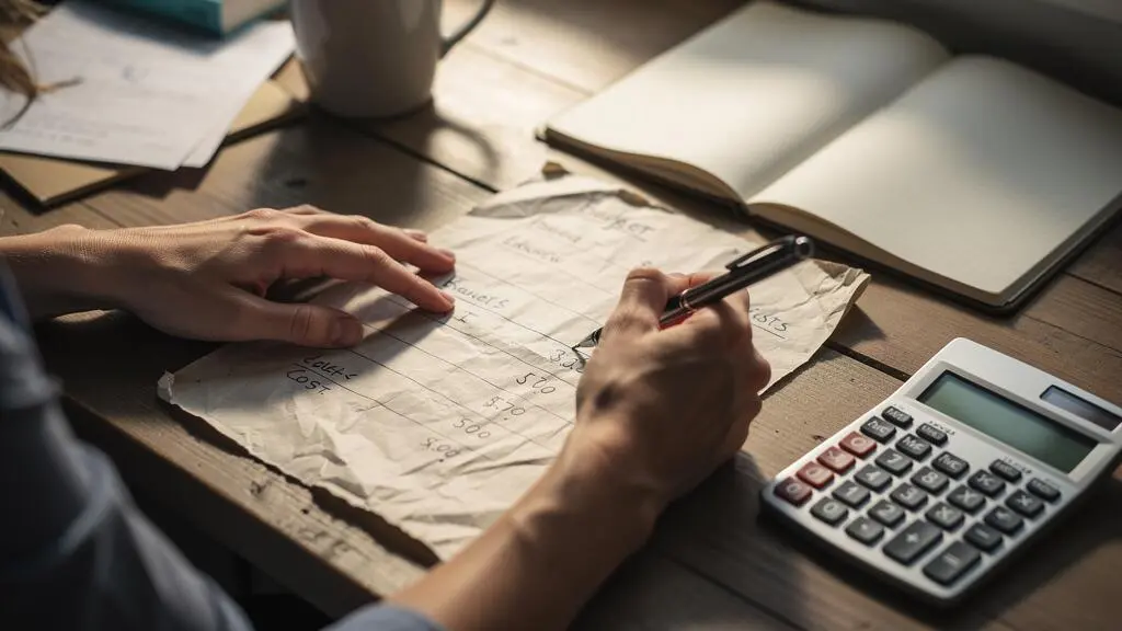 Une femme pointe des lignes de coûts sur une feuille de budget posée sur une table.