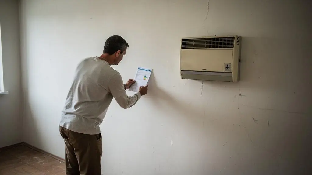 Un homme examine un label de performance énergétique près d'un vieux radiateur.