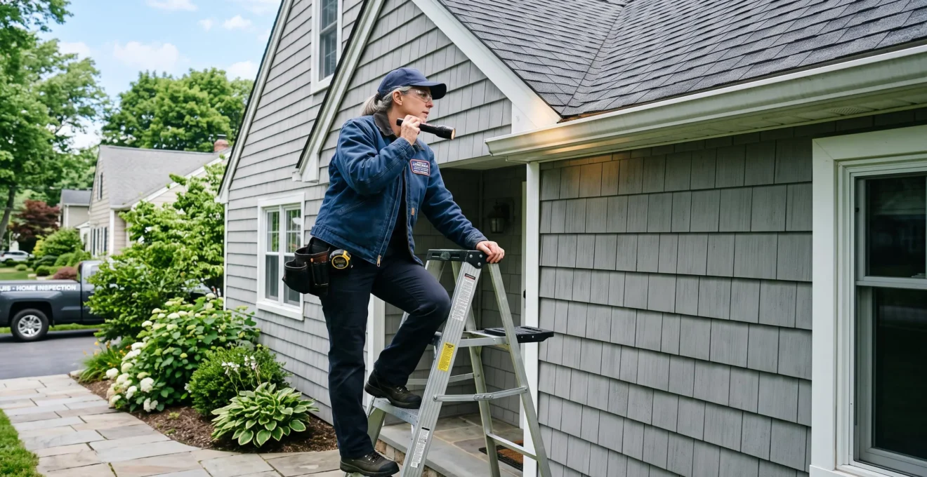 Un inspecteur examine la façade d'une maison depuis une échelle.