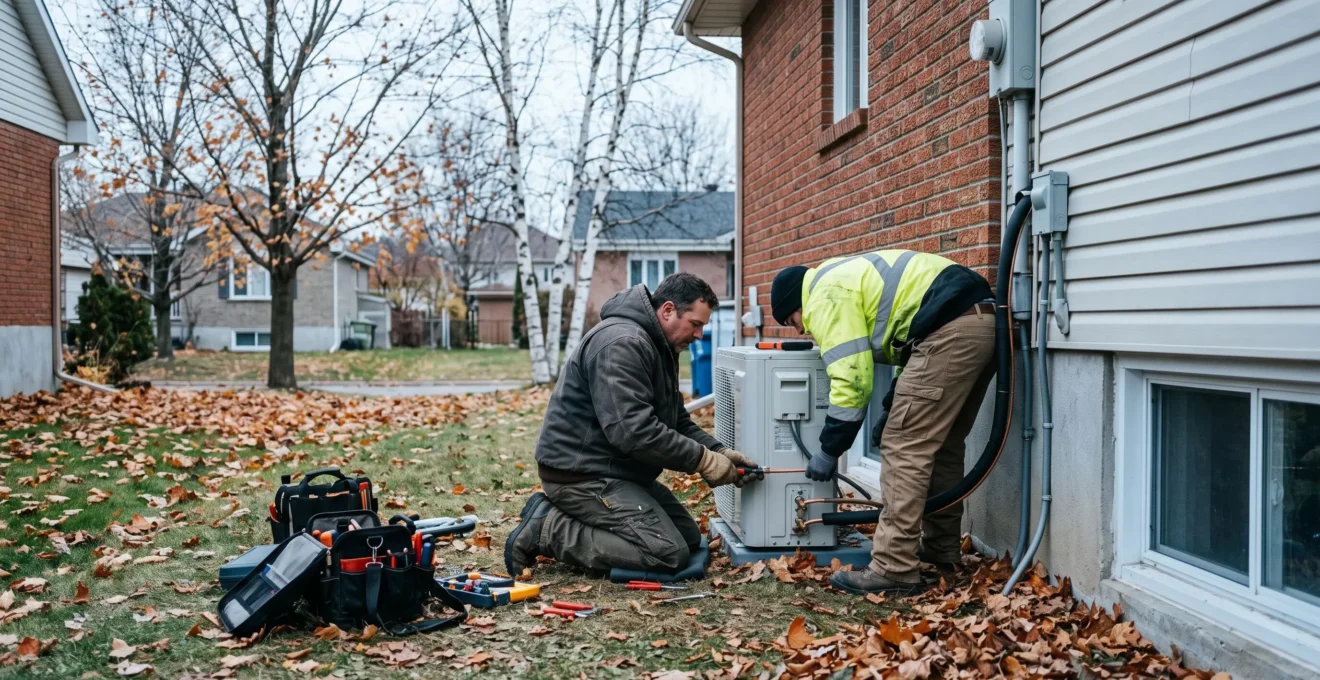 Deux techniciens installent une thermopompe extérieure devant une maison de la banlieue montréalaise.