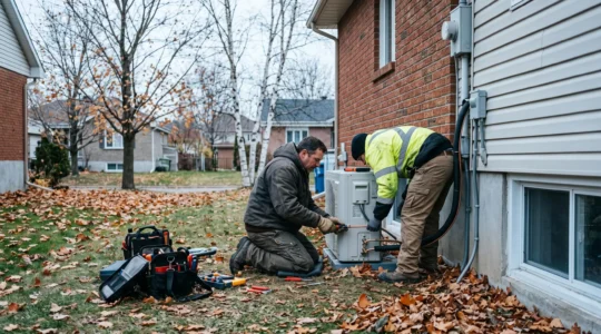 Deux techniciens installent une thermopompe extérieure devant une maison de la banlieue montréalaise.