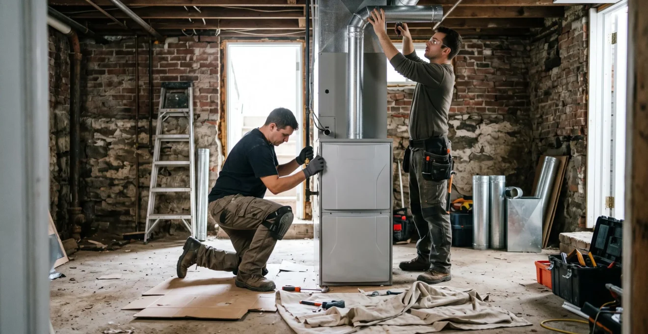 Des installateurs posent une fournaise au gaz au sous-sol d'une maison en rénovation.