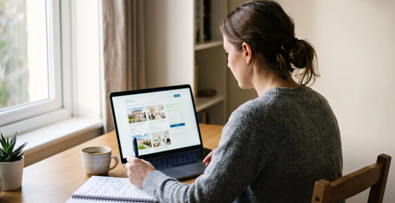 Une personne compare des annonces immobilières sur un ordinateur portable à son bureau.