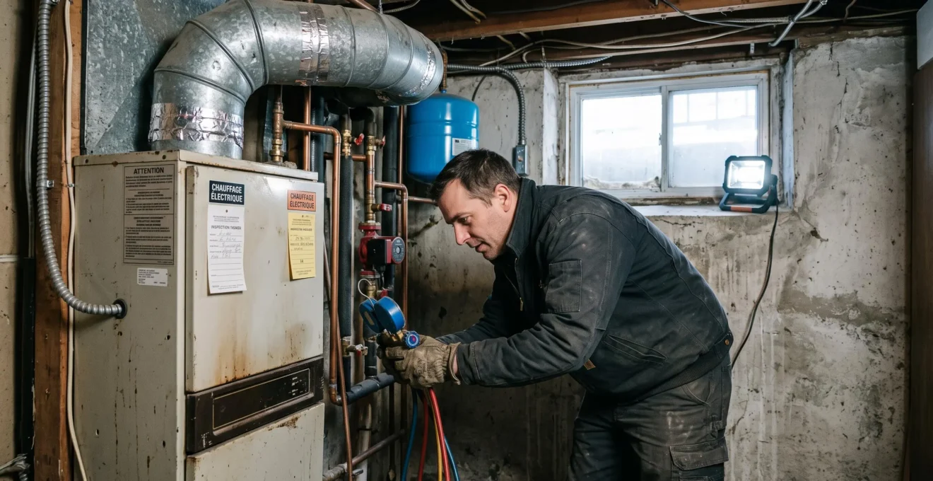 Un technicien examine une fournaise électrique et des raccords dans une salle mécanique résidentielle.