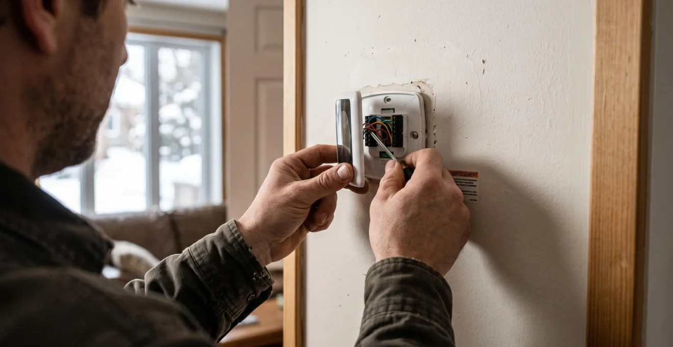 Un technicien raccorde un thermostat mural lors de la vérification finale d'une installation.
