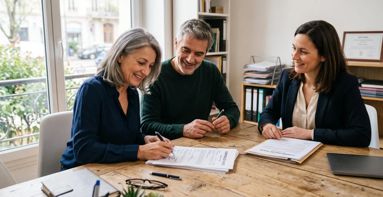 Signature d'un compromis de vente immobilier entre un couple et un professionnel.